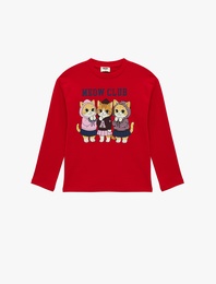 Bisiklet Yaka Pamuklu Kedi Baskılı Uzun Kollu Tişört