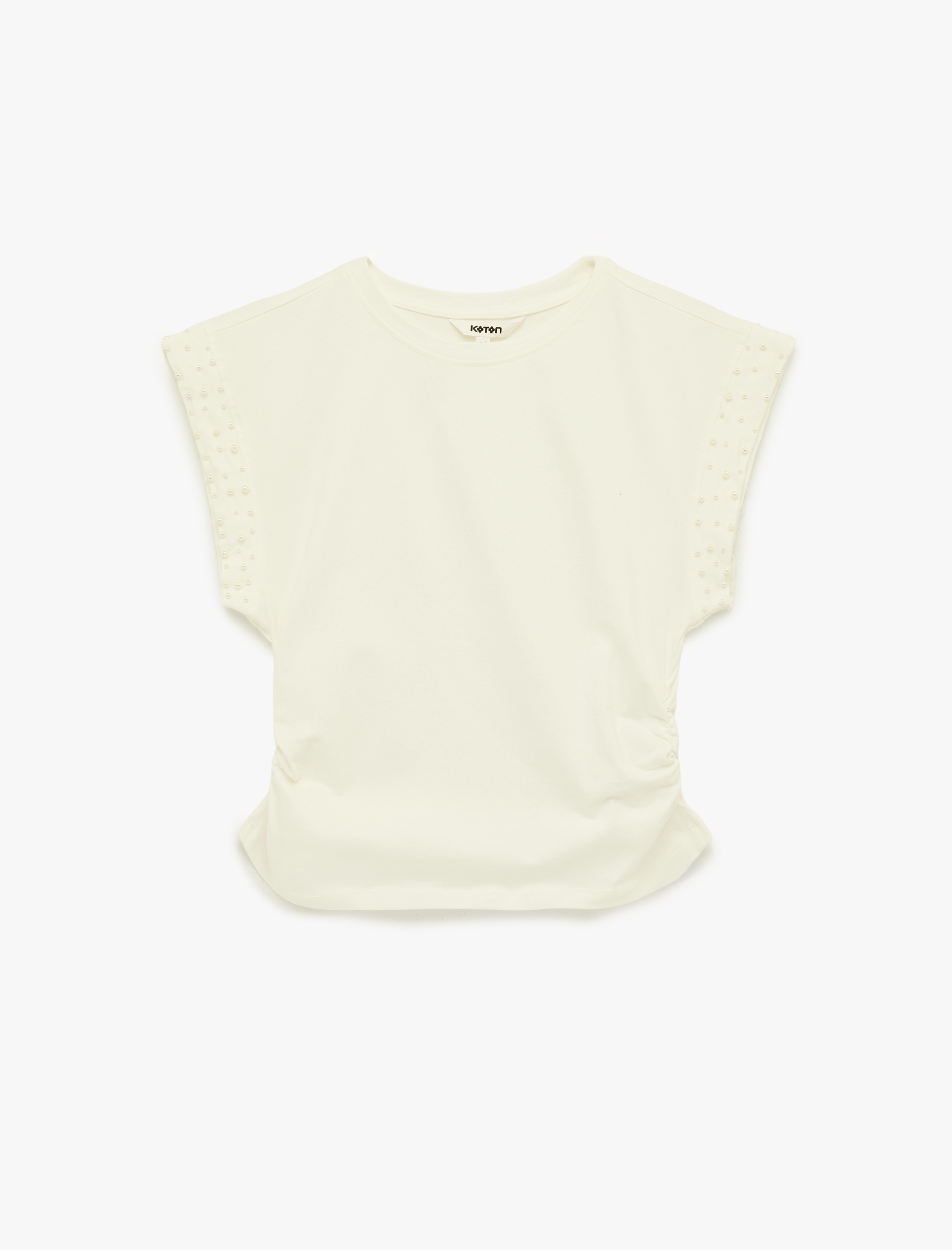   Pamuklu Kısa Kollu Bisiklet Yaka İnci İşleme Detaylı Tişört