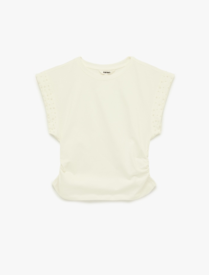  Pamuklu Kısa Kollu Bisiklet Yaka İnci İşleme Detaylı Tişört