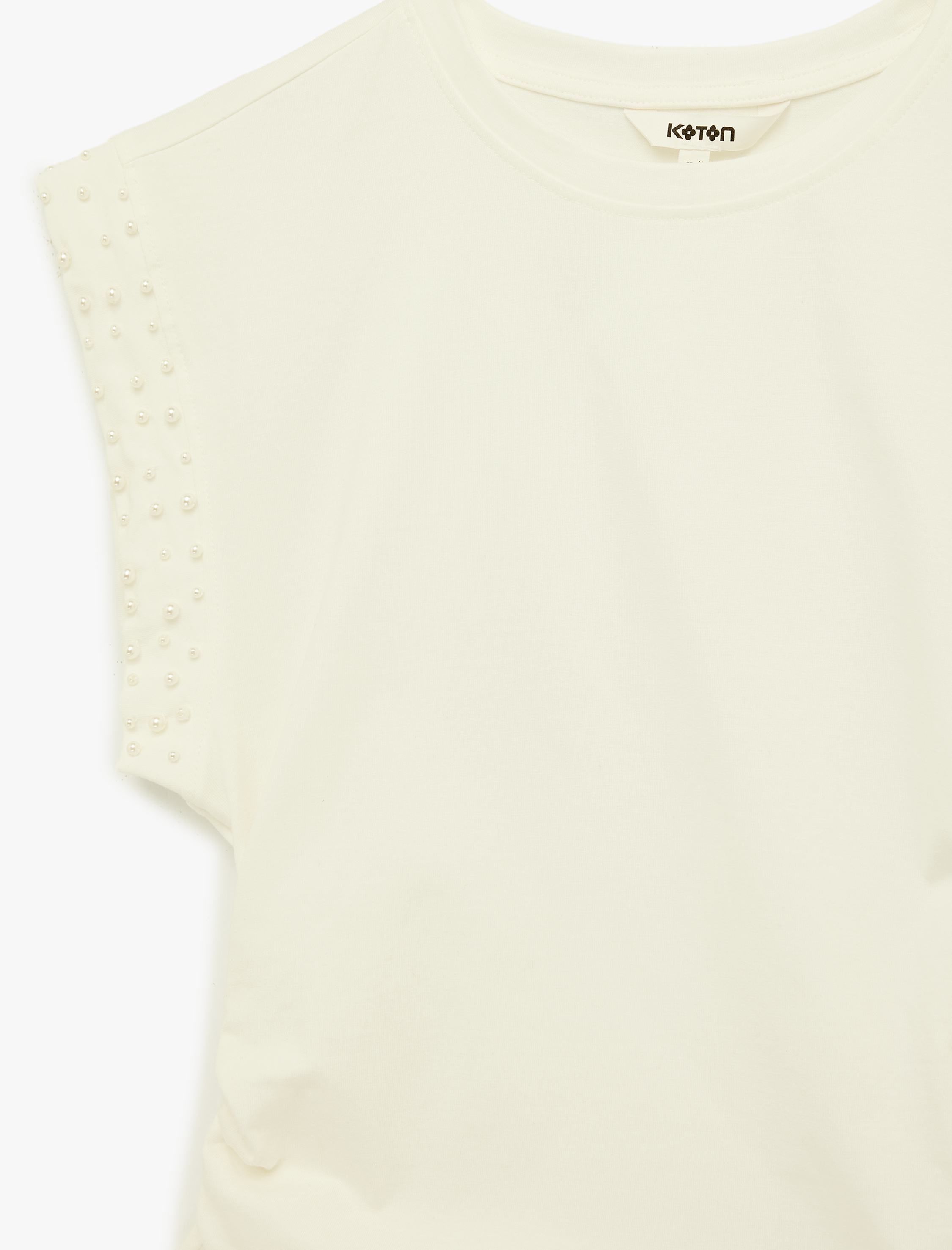   Pamuklu Kısa Kollu Bisiklet Yaka İnci İşleme Detaylı Tişört