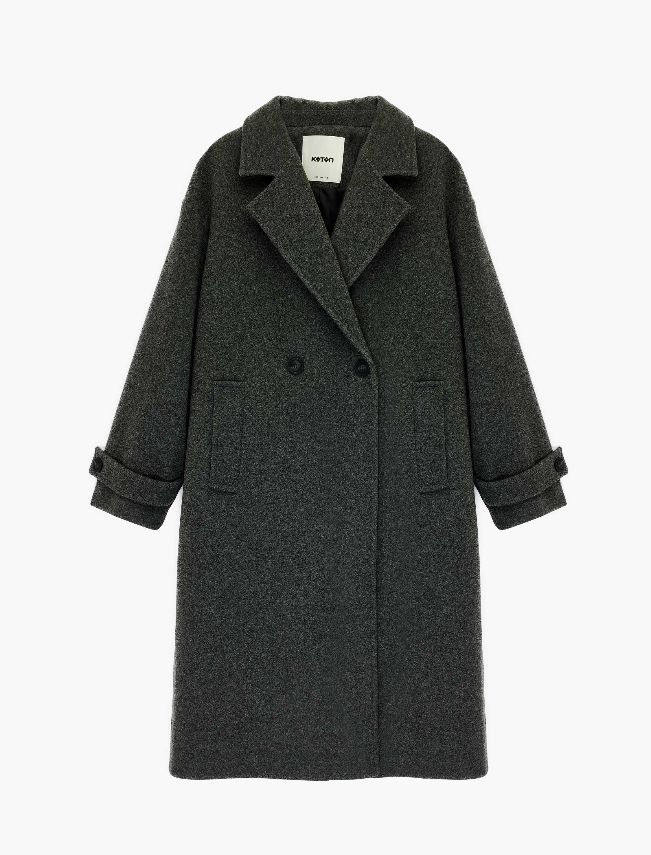   Uzun Kollu Düğmeli Cepli Kruvaze Uzun Oversize Kaşe Kaban