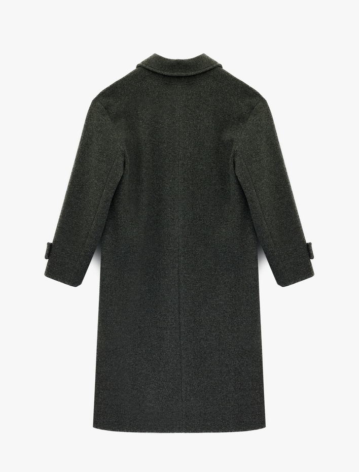  Uzun Kollu Düğmeli Cepli Kruvaze Uzun Oversize Kaşe Kaban