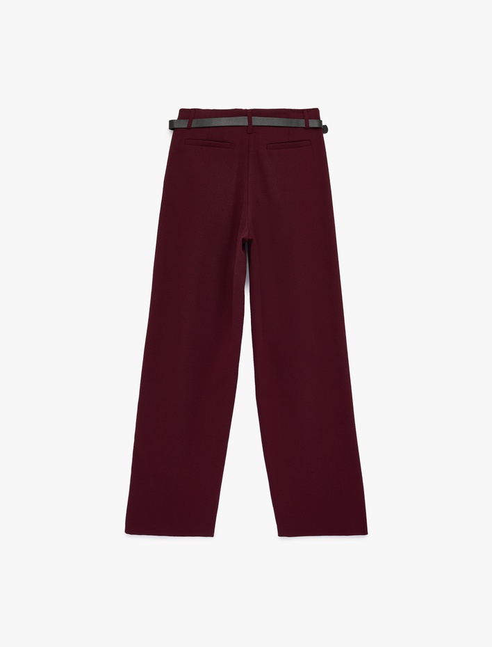  Krep Kumaş Pile Detaylı Cepli Kemerli Düz Paça Pantolon