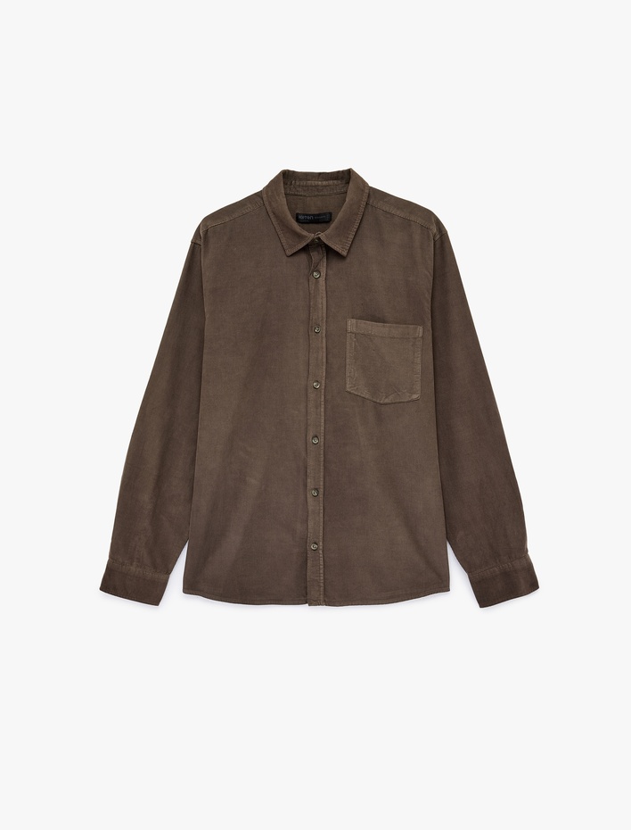  Regular Fit Klasik Yaka Cepli Pamuklu Uzun Kollu Fitilli Kadife Gömlek