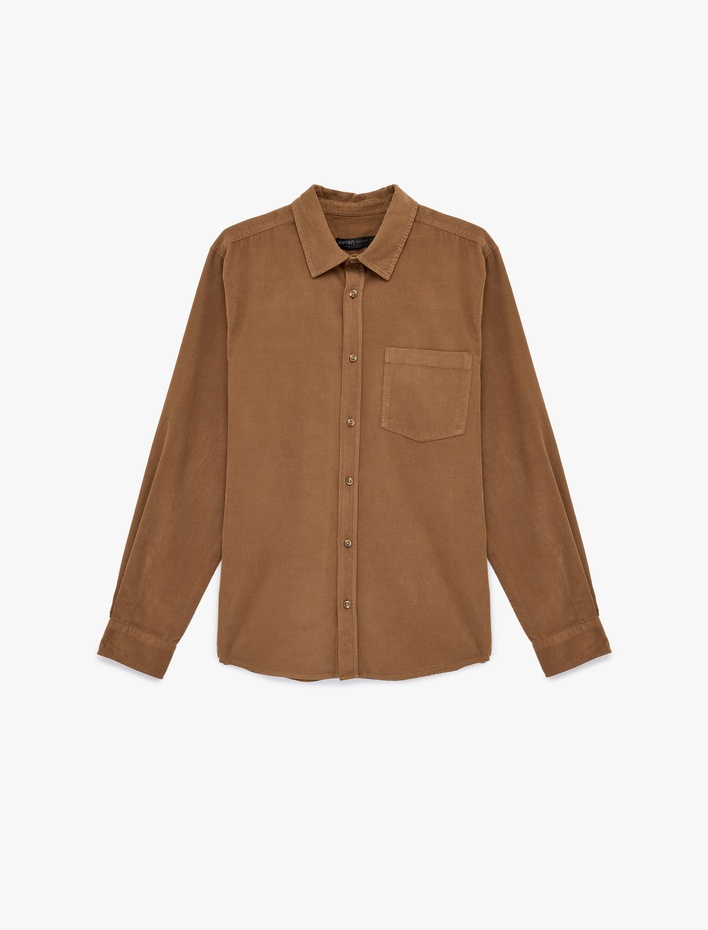  Regular Fit Klasik Yaka Cepli Pamuklu Uzun Kollu Fitilli Kadife Gömlek