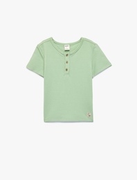 Düğmeli Kısa Kollu Bisiklet Yaka Pamuklu Tişört