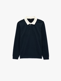 Regular Fit Şardonlu Renk Kontrastlı Düğmeli Polo Yaka Sweatshirt