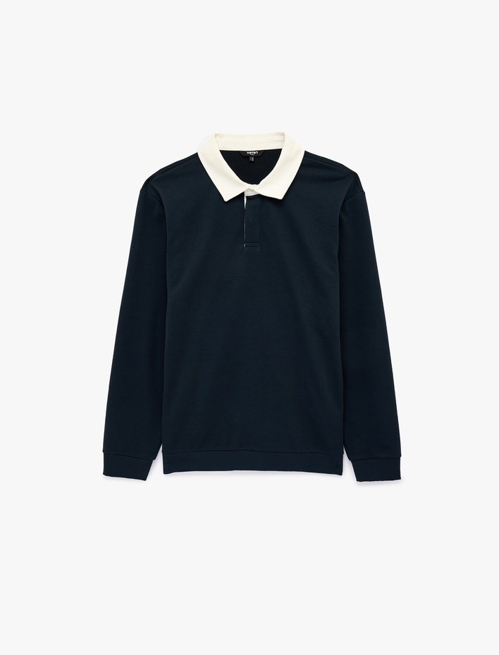  Regular Fit Şardonlu Renk Kontrastlı Düğmeli Polo Yaka Sweatshirt