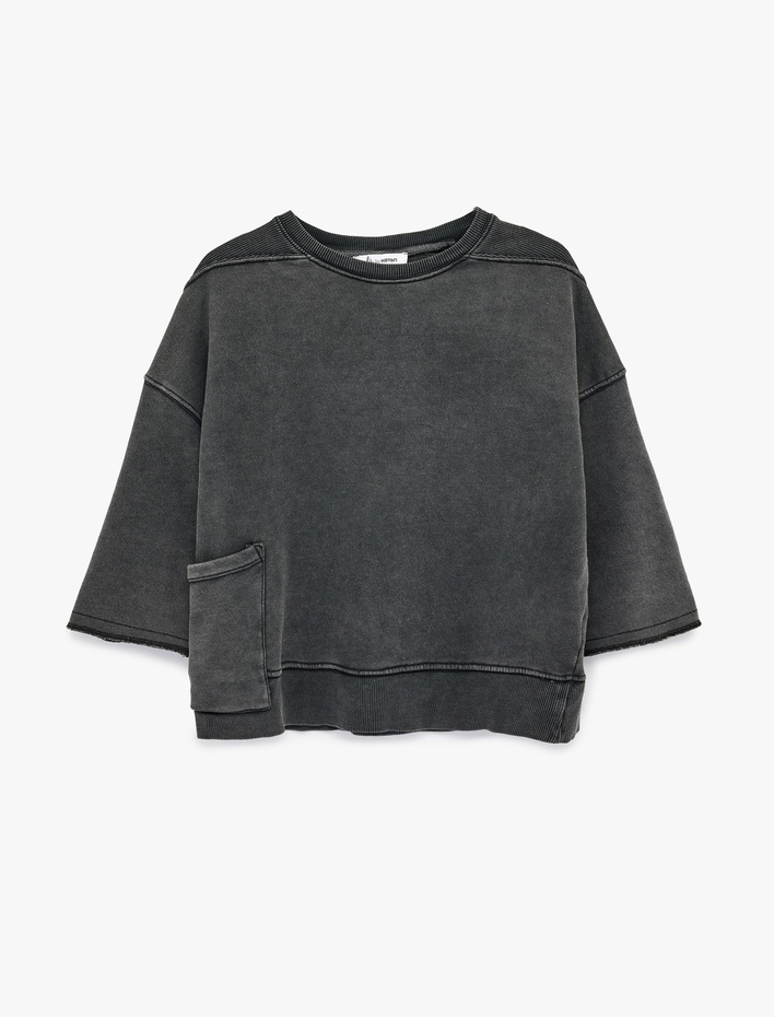  Cep Detaylı Yıkamalı Kısa Kollu Bisiklet Yaka Pamuklu Oversize Sweatshirt