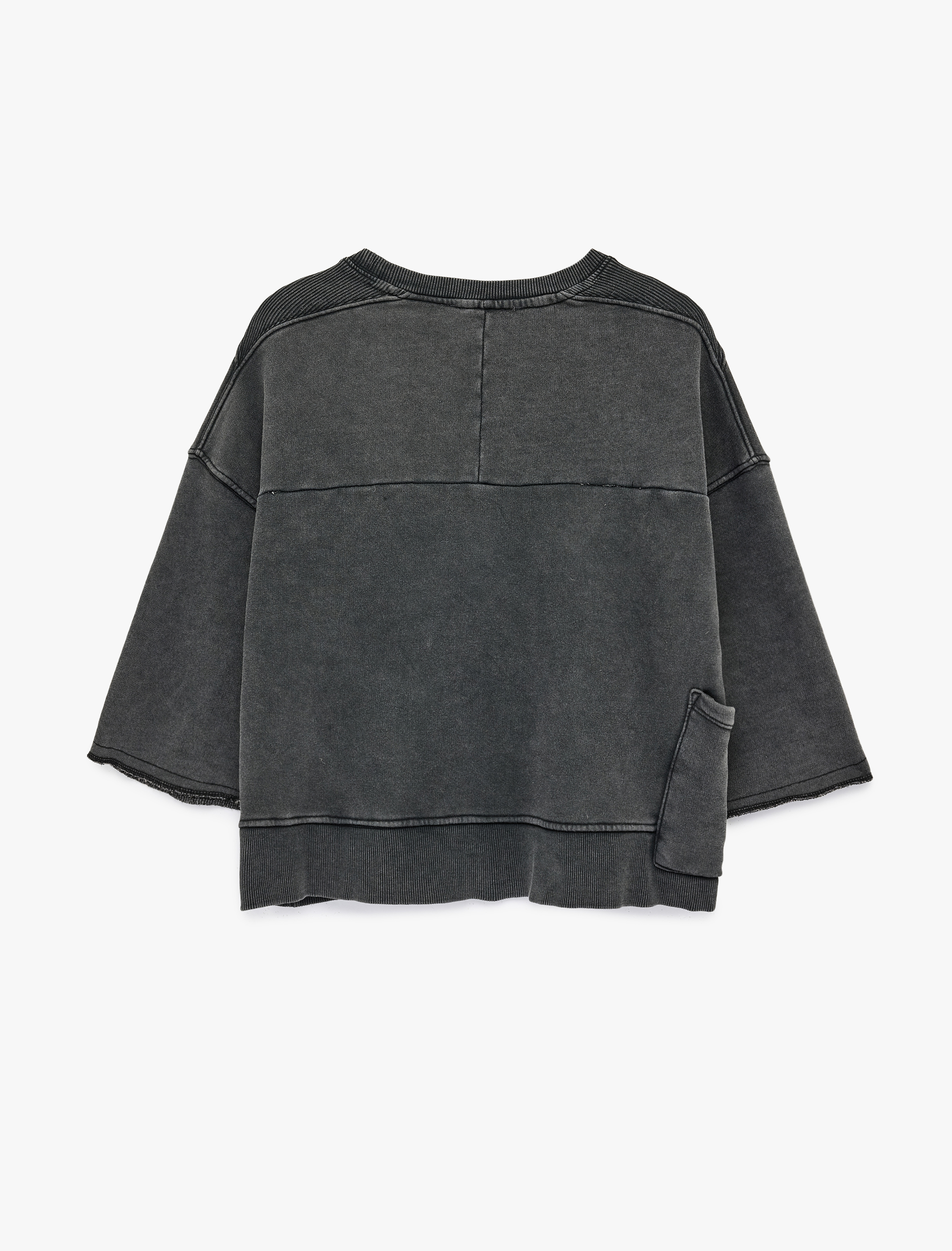   Cep Detaylı Yıkamalı Kısa Kollu Bisiklet Yaka Pamuklu Oversize Sweatshirt