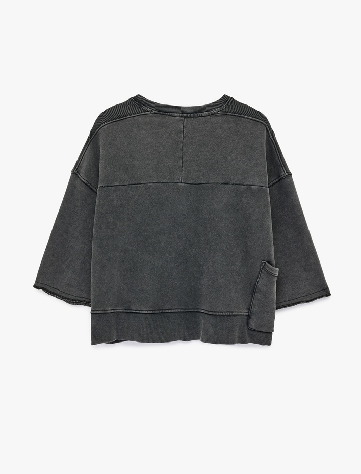  Cep Detaylı Yıkamalı Kısa Kollu Bisiklet Yaka Pamuklu Oversize Sweatshirt