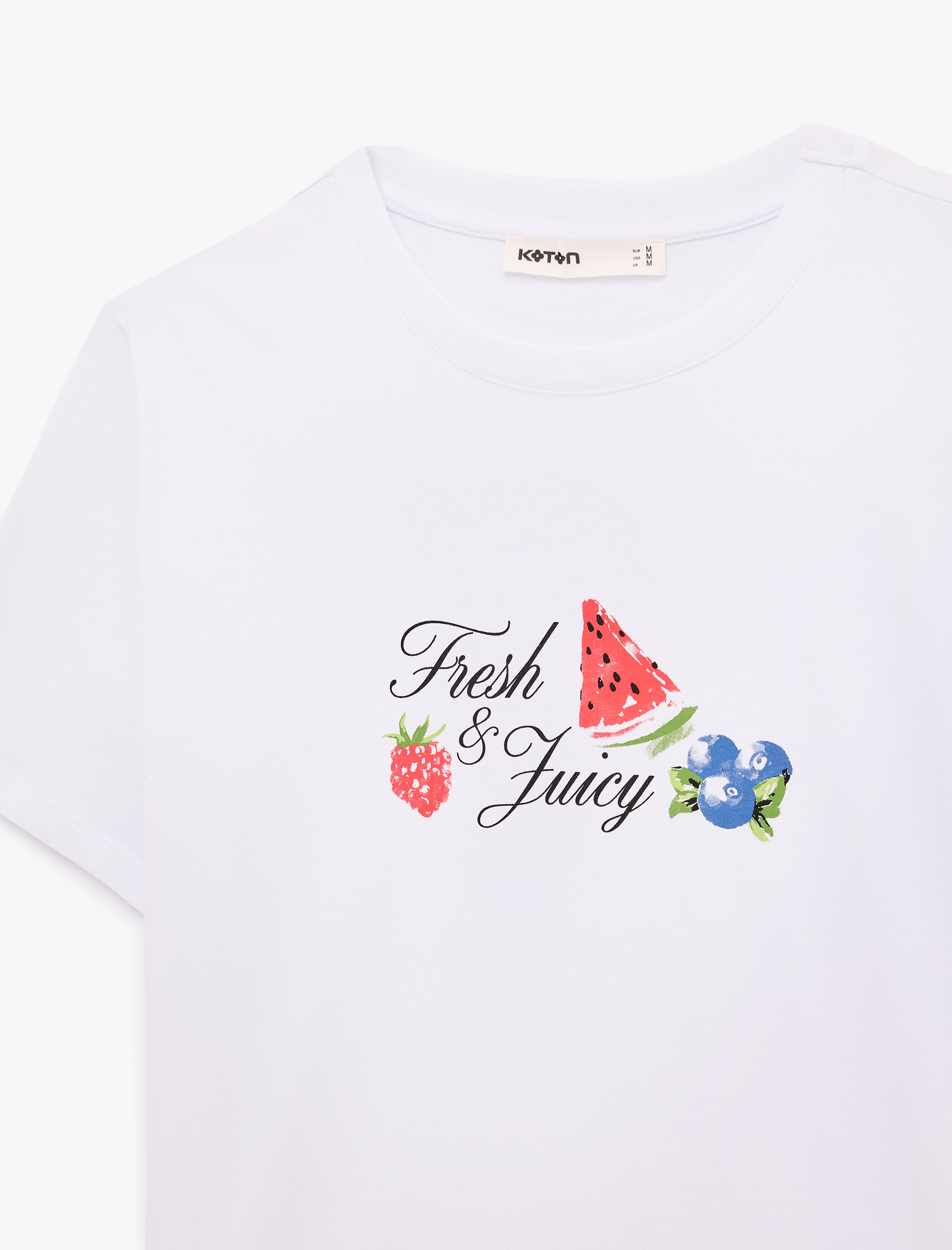   Pamuklu Kısa Kollu Bisiklet Yaka Karpuz ve Çilek Baskılı Tişört