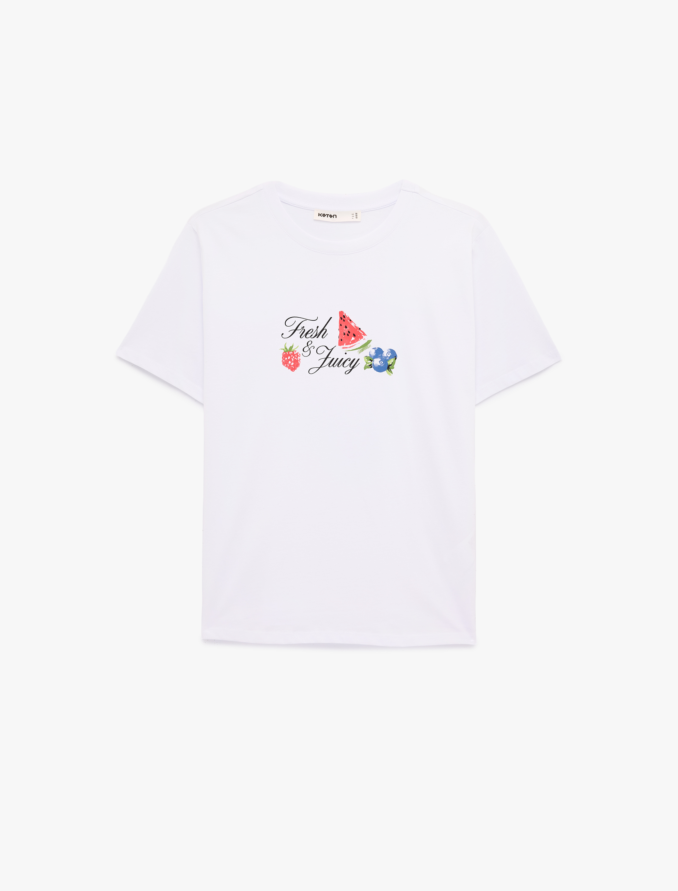   Pamuklu Kısa Kollu Bisiklet Yaka Karpuz ve Çilek Baskılı Tişört