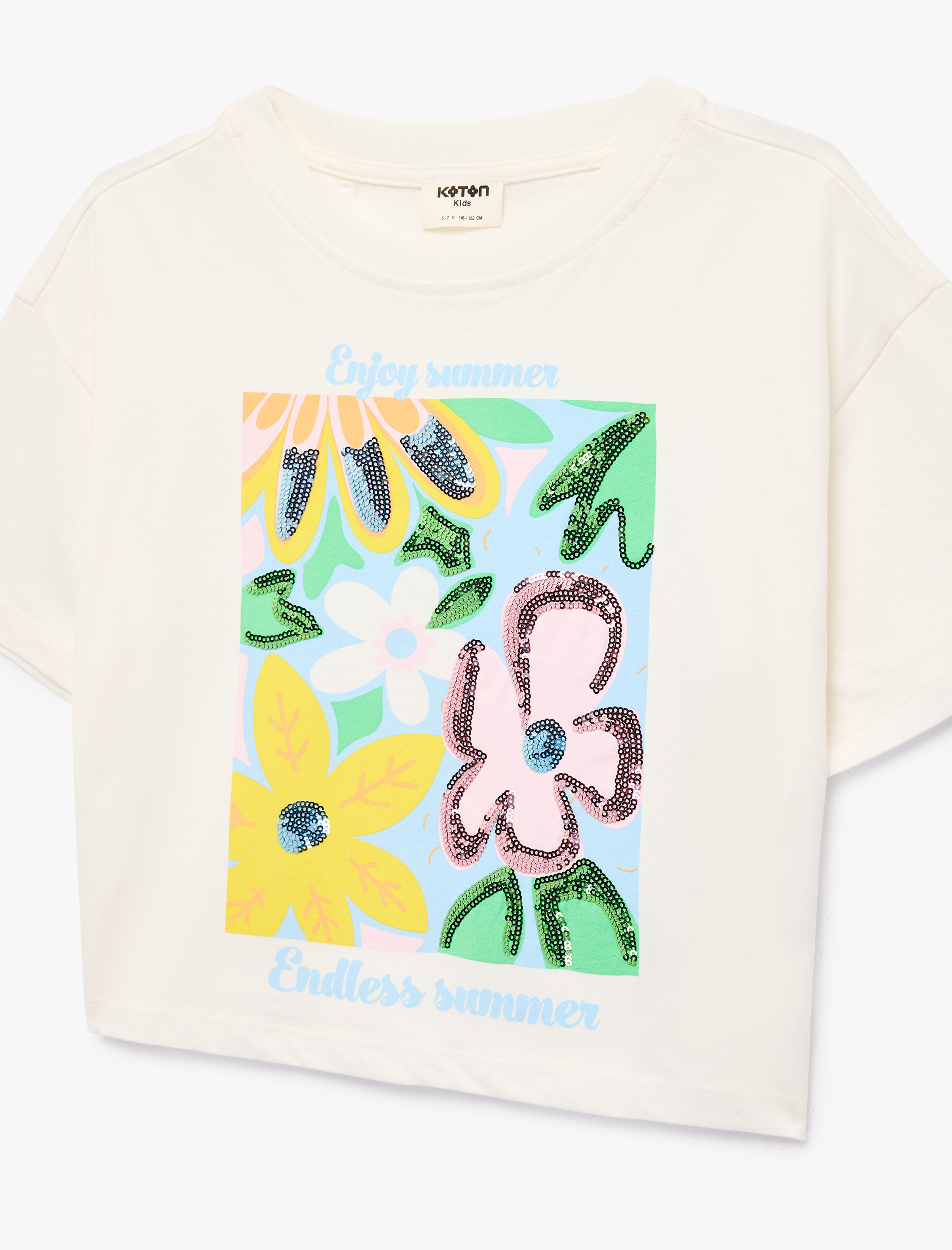  Kız Çocuk Pullu Payetli Bisiklet Yaka Kısa Kollu Pamuklu Tişört