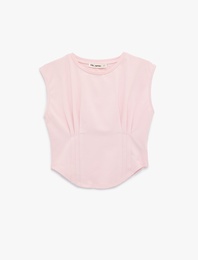 Dikiş Detaylı Slim Fit Bisiklet Yaka Kolsuz Crop Tişört