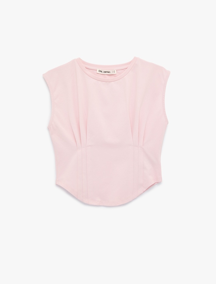  Dikiş Detaylı Slim Fit Bisiklet Yaka Kolsuz Crop Tişört