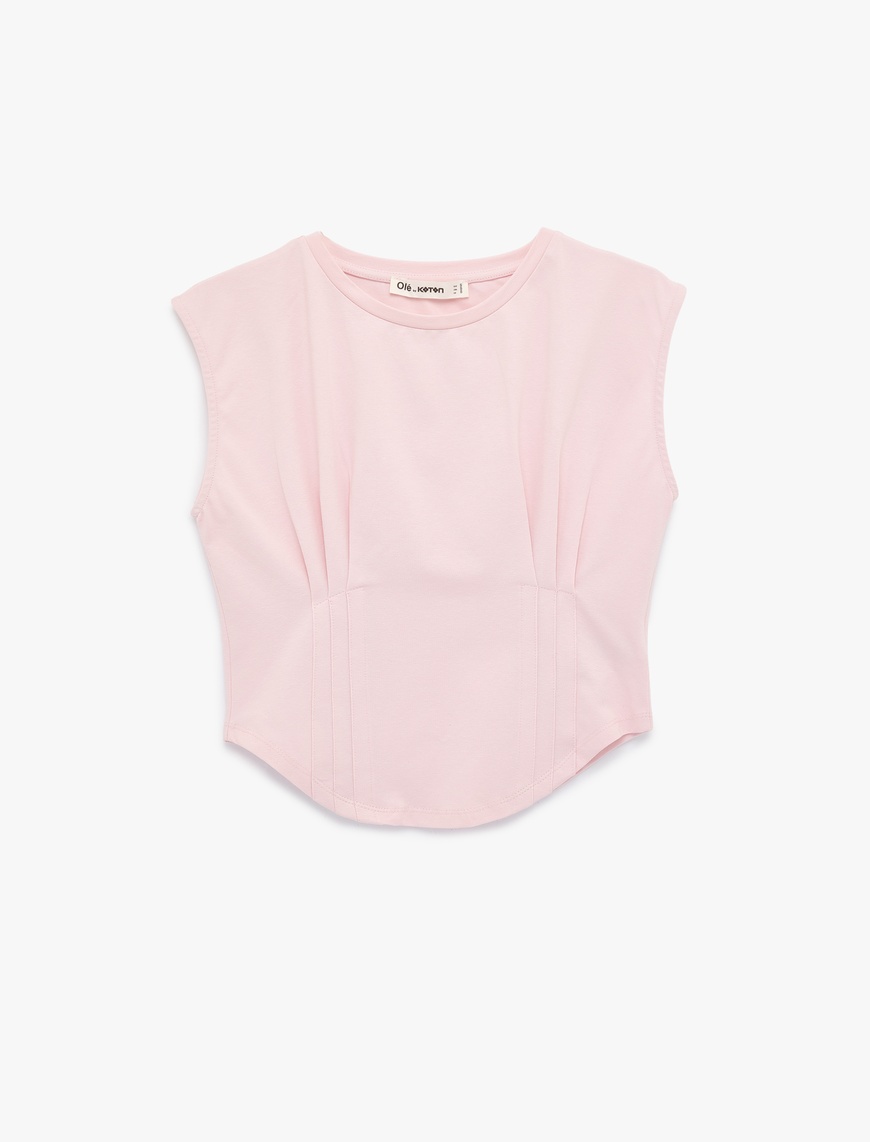 sc♡ Pembe Korse Detaylı Slim Fit Bisiklet Yaka Kolsuz Crop Tişört