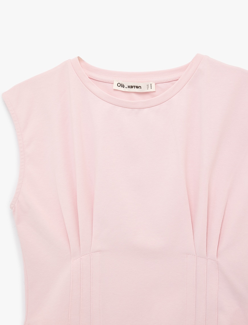 Pembe Korse Detaylı Slim Fit Bisiklet Yaka Kolsuz Crop Tişört