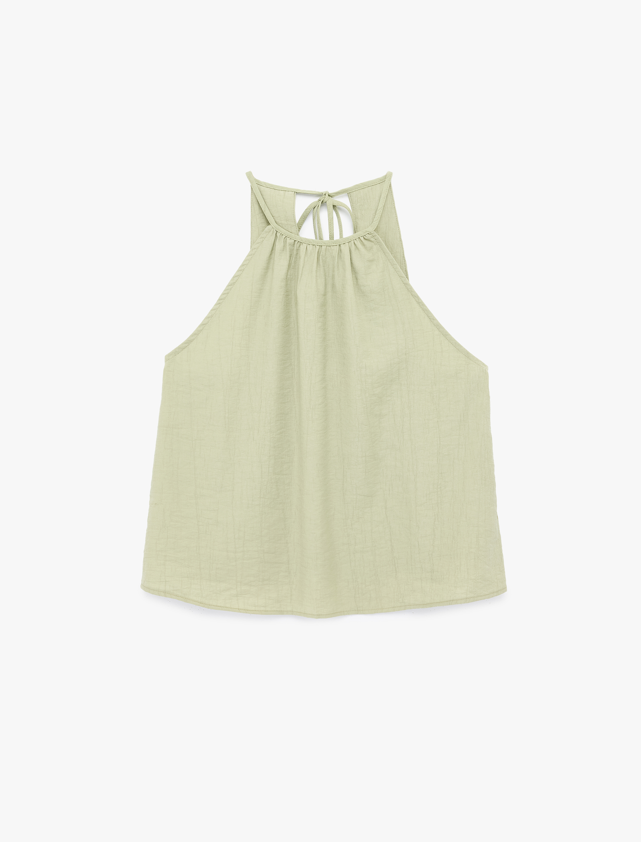   Viskon Karışımlı Kolsuz Bağlama Detaylı Dokulu Halter Yaka Bluz