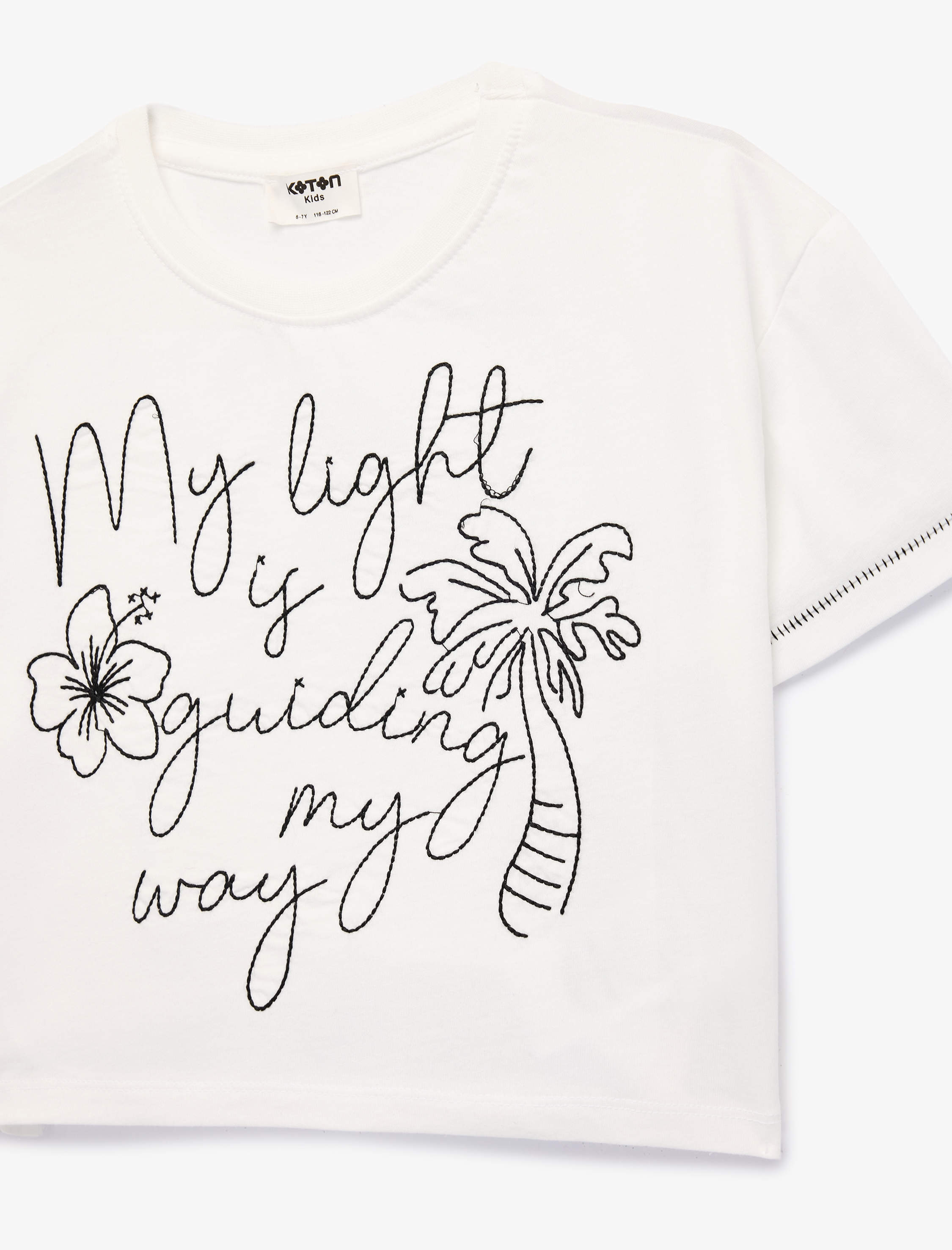  Kız Çocuk Pamuklu Kısa Kollu Bisiklet Yaka Nakışlı Tişört