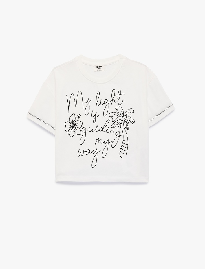 Kız Çocuk Pamuklu Kısa Kollu Bisiklet Yaka Nakışlı Tişört