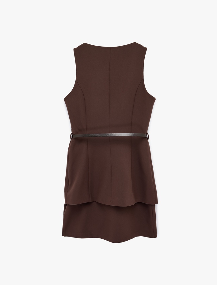  Kemer Detaylı Kolsuz Bisiklet Yaka Katlı Mini Elbise