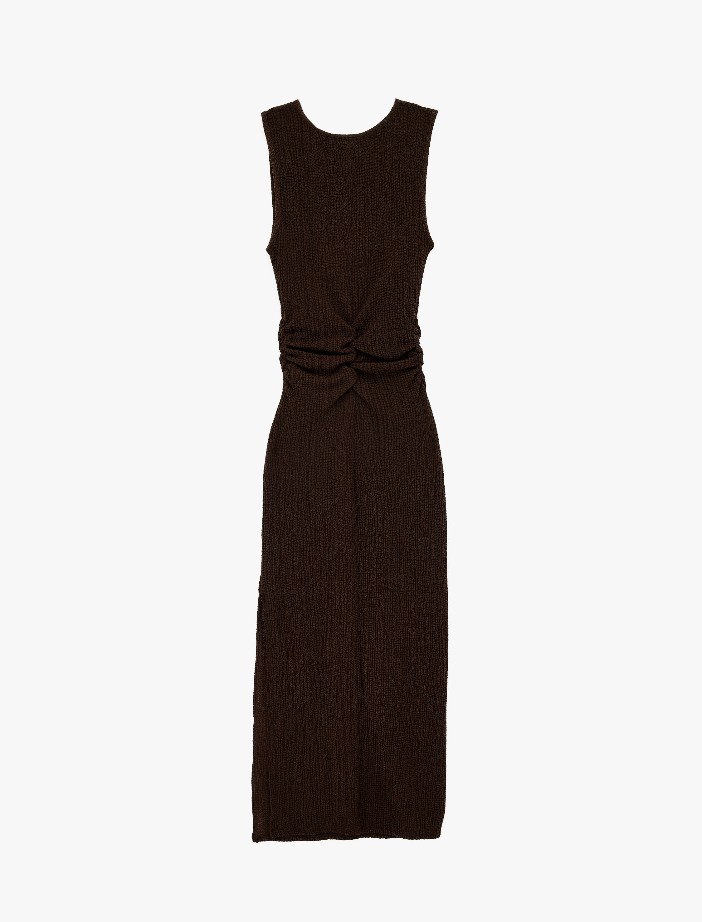   Slim Fit Bürümcük Kumaş Bisiklet Yaka Drapeli Kolsuz Midi Kalem Elbise