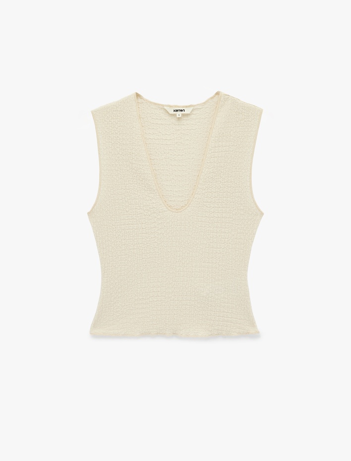  Bürümcük Kumaş Slim Fit Kolsuz V Yaka Bluz