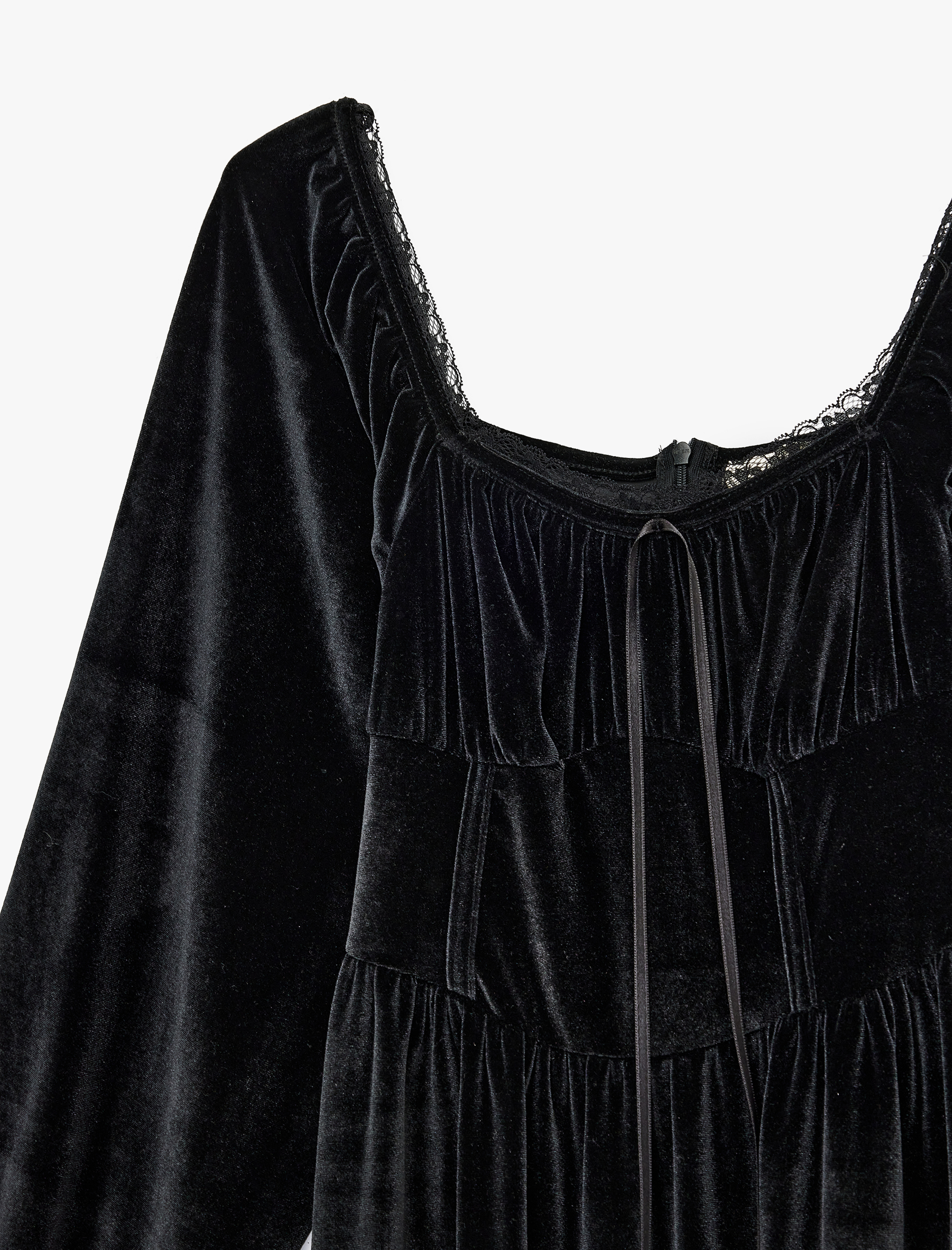   Uzun Balon Kol Kare Yaka Mini Fiyonklu Kadife Elbise