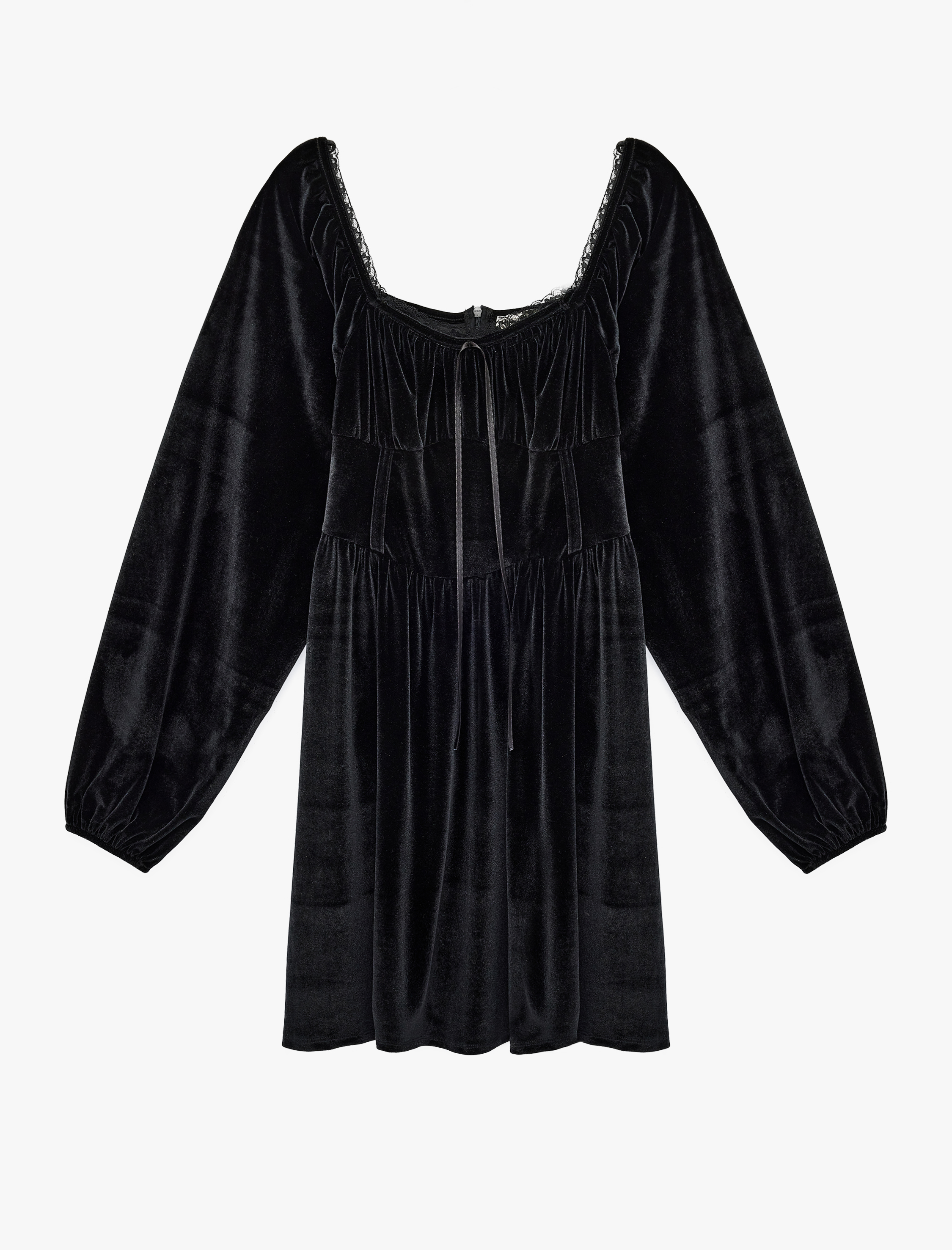   Uzun Balon Kol Kare Yaka Mini Fiyonklu Kadife Elbise