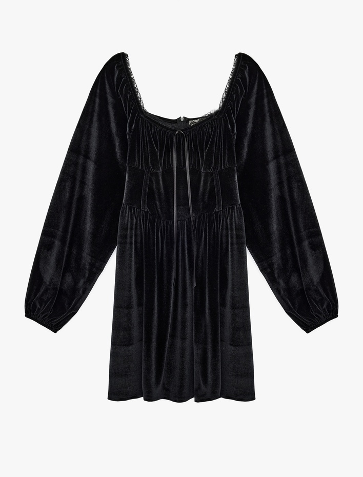  Uzun Balon Kol Kare Yaka Mini Fiyonklu Kadife Elbise