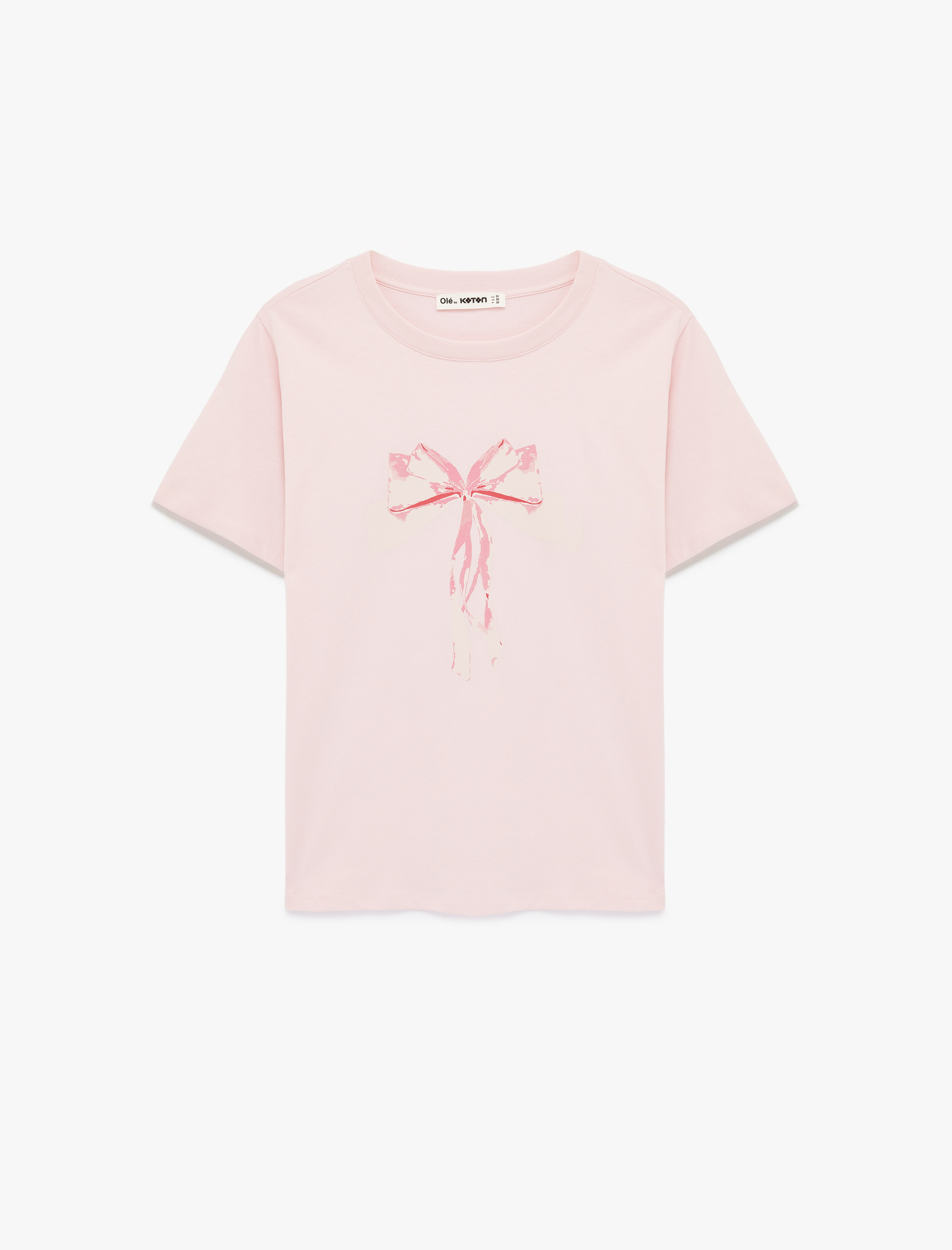   Kısa Kollu Bisiklet Yaka Pamuklu Fiyonk Baskılı Tişört