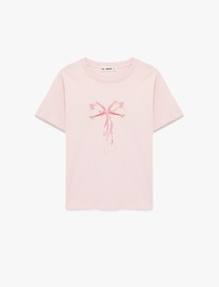 Kısa Kollu Bisiklet Yaka Pamuklu Fiyonk Baskılı Tişört