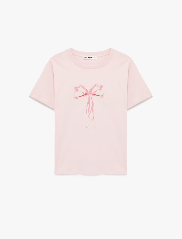  Kısa Kollu Bisiklet Yaka Pamuklu Fiyonk Baskılı Tişört