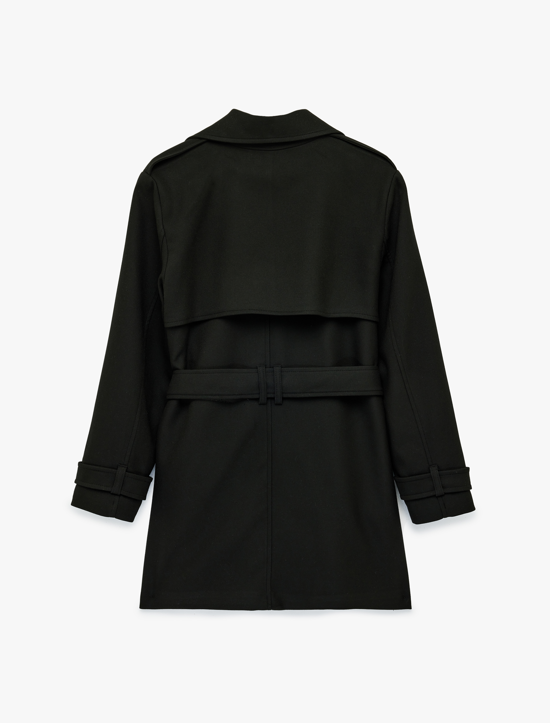   Uzun Kollu Düğmeli Cepli Kemerli Kruvaze Gabardin Trençkot