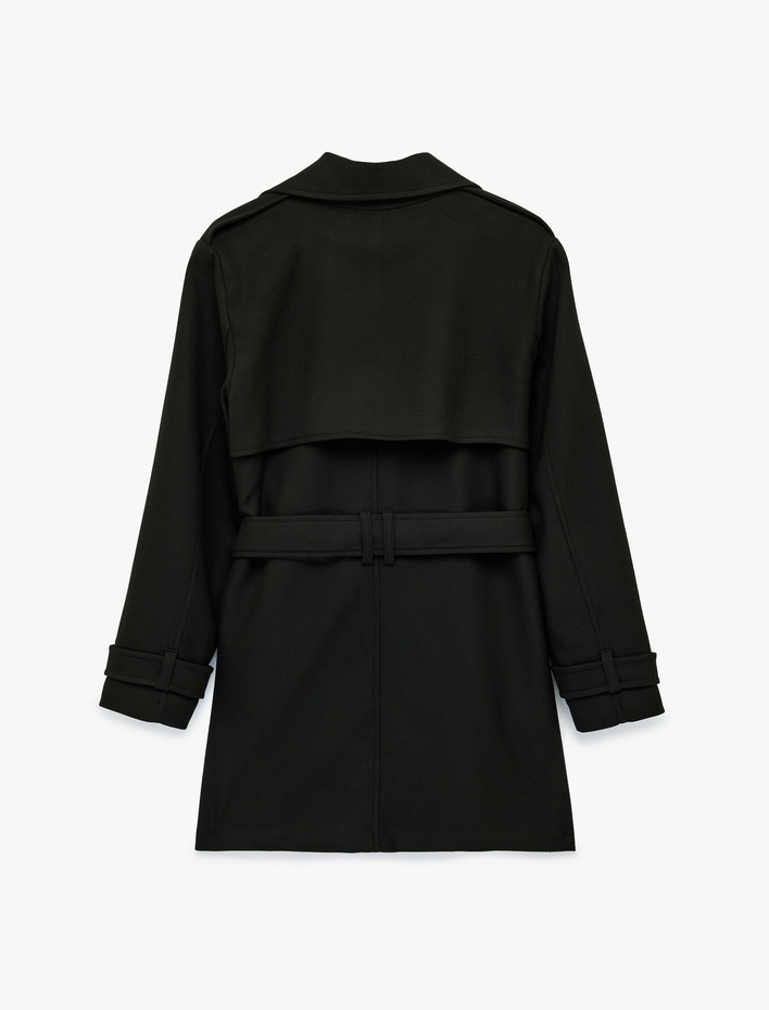  Uzun Kollu Düğmeli Cepli Kemerli Kruvaze Gabardin Trençkot