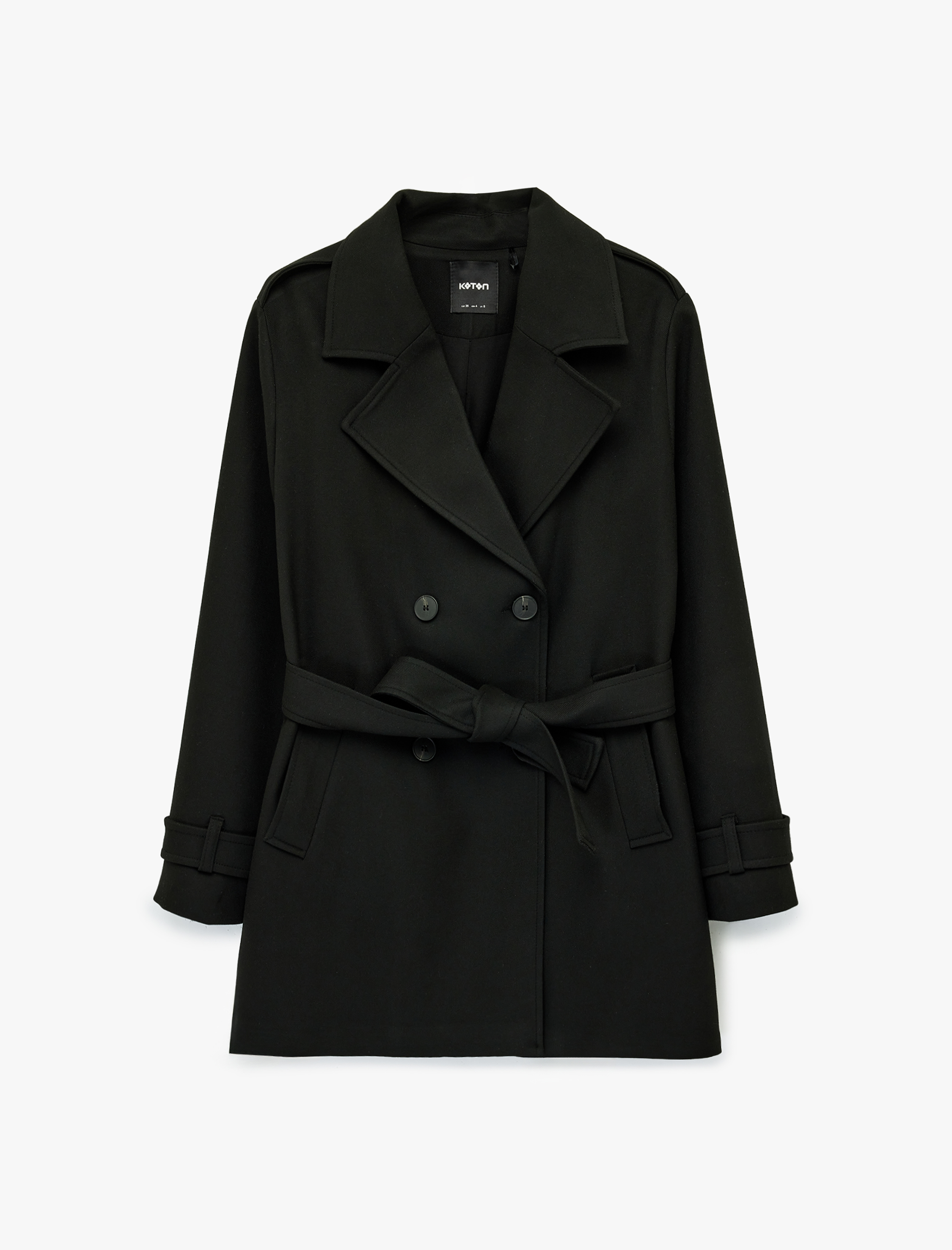   Uzun Kollu Düğmeli Cepli Kemerli Kruvaze Gabardin Trençkot