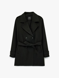 Uzun Kollu Düğmeli Cepli Kemerli Kruvaze Gabardin Trençkot