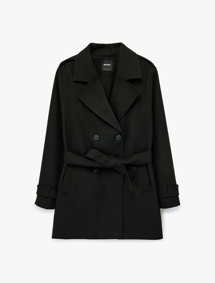  Uzun Kollu Düğmeli Cepli Kemerli Kruvaze Gabardin Trençkot