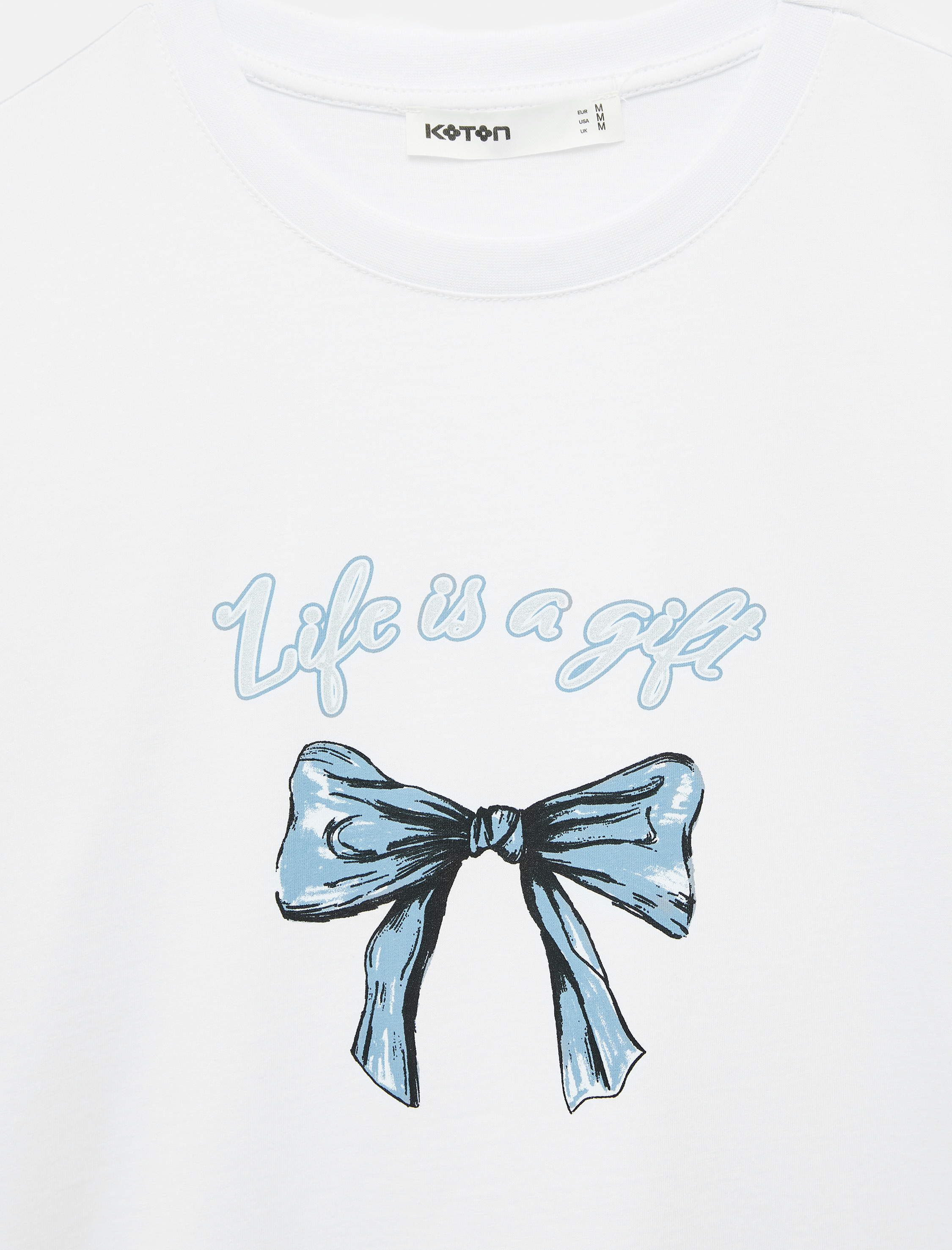   Pamuklu Kısa Kollu Bisiklet Yaka Fiyonk Baskılı Tişört