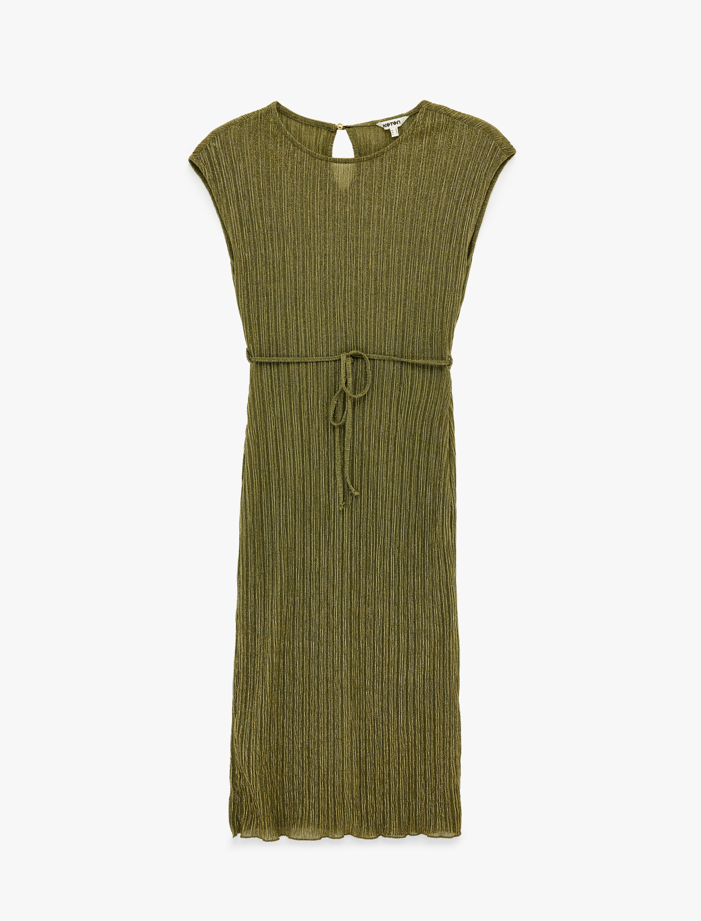   Bel Bağlama Detaylı Yırtmaçlı Bisiklet Yaka Kolsuz Simli Piliseli Midi Elbise