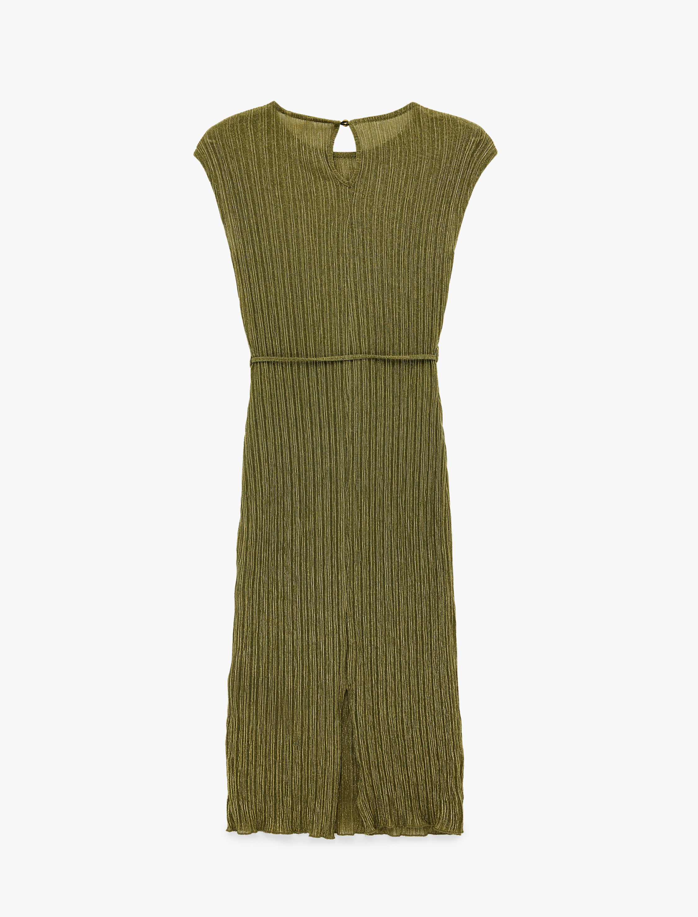   Bel Bağlama Detaylı Yırtmaçlı Bisiklet Yaka Kolsuz Simli Piliseli Midi Elbise