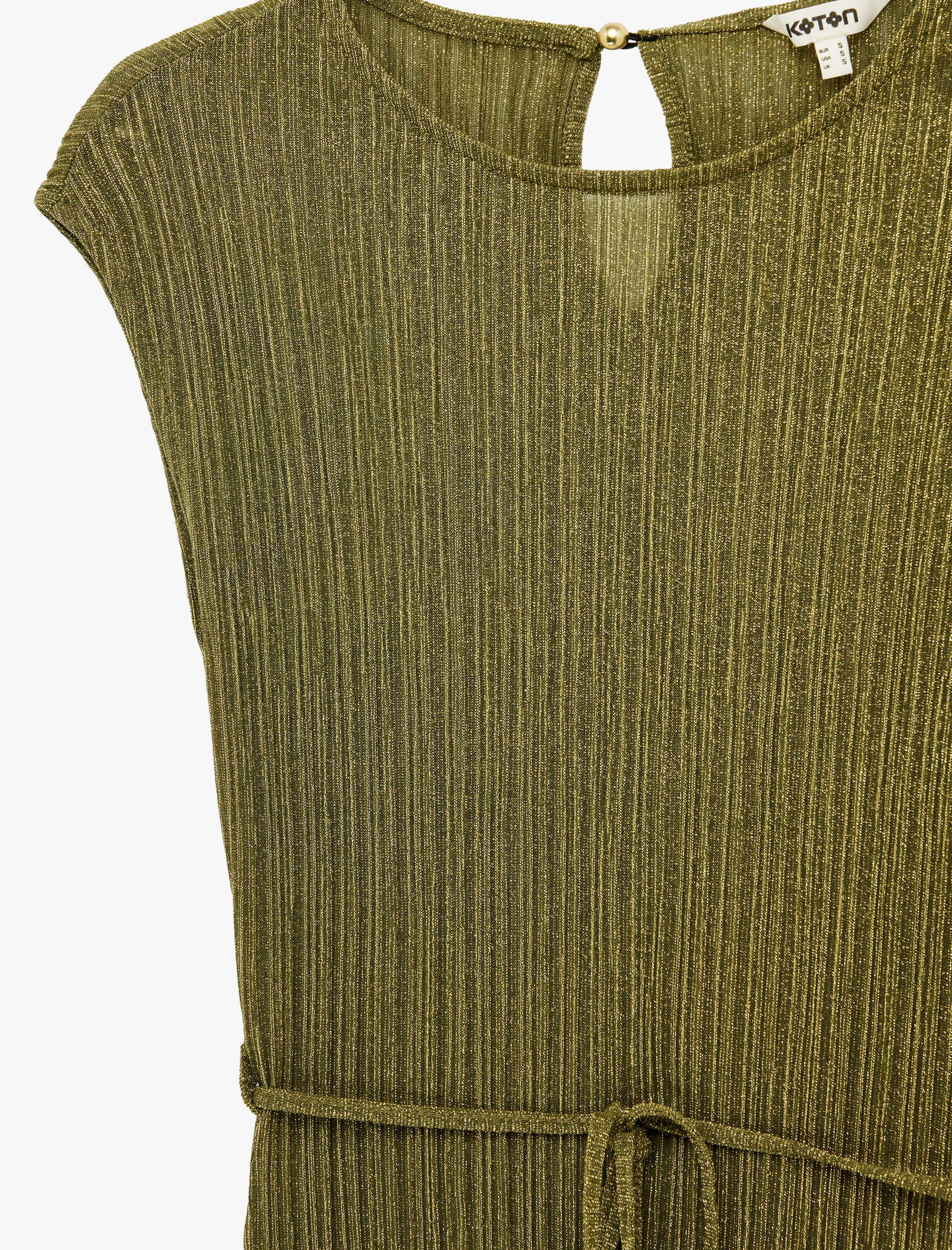   Bel Bağlama Detaylı Yırtmaçlı Bisiklet Yaka Kolsuz Simli Piliseli Midi Elbise