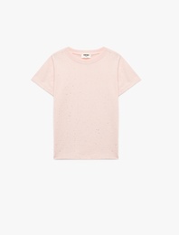 Sim Detaylı Bisiklet Yaka Kısa Kollu Pamuklu Tişört