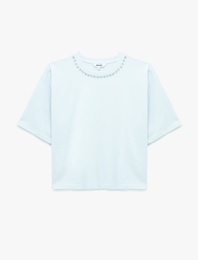 Pamuklu Kısa Kollu Bisiklet Yaka Taşlı Tişört