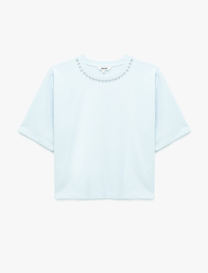  Pamuklu Kısa Kollu Bisiklet Yaka Taşlı Tişört