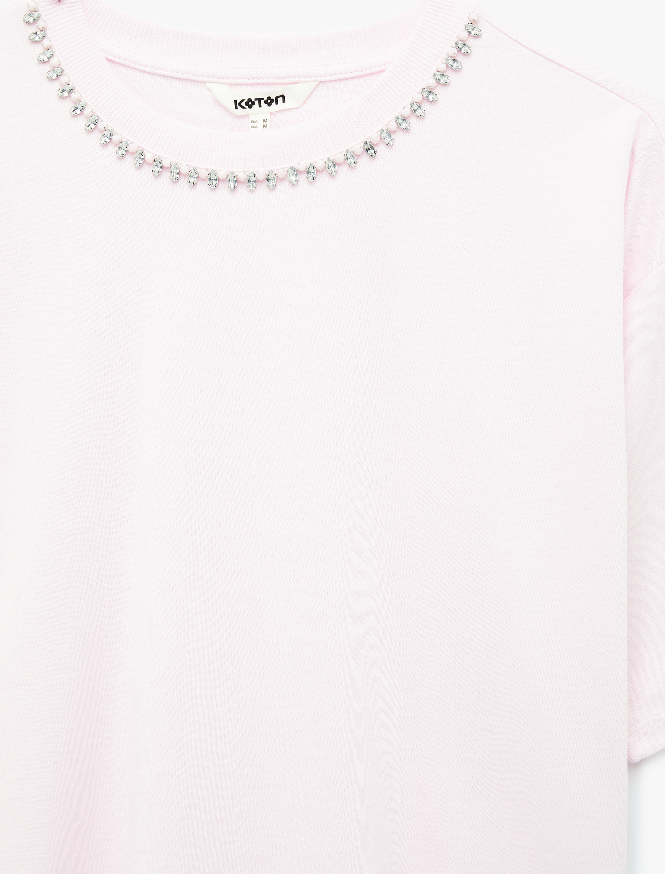   Pamuklu Kısa Kollu Bisiklet Yaka Taşlı Tişört