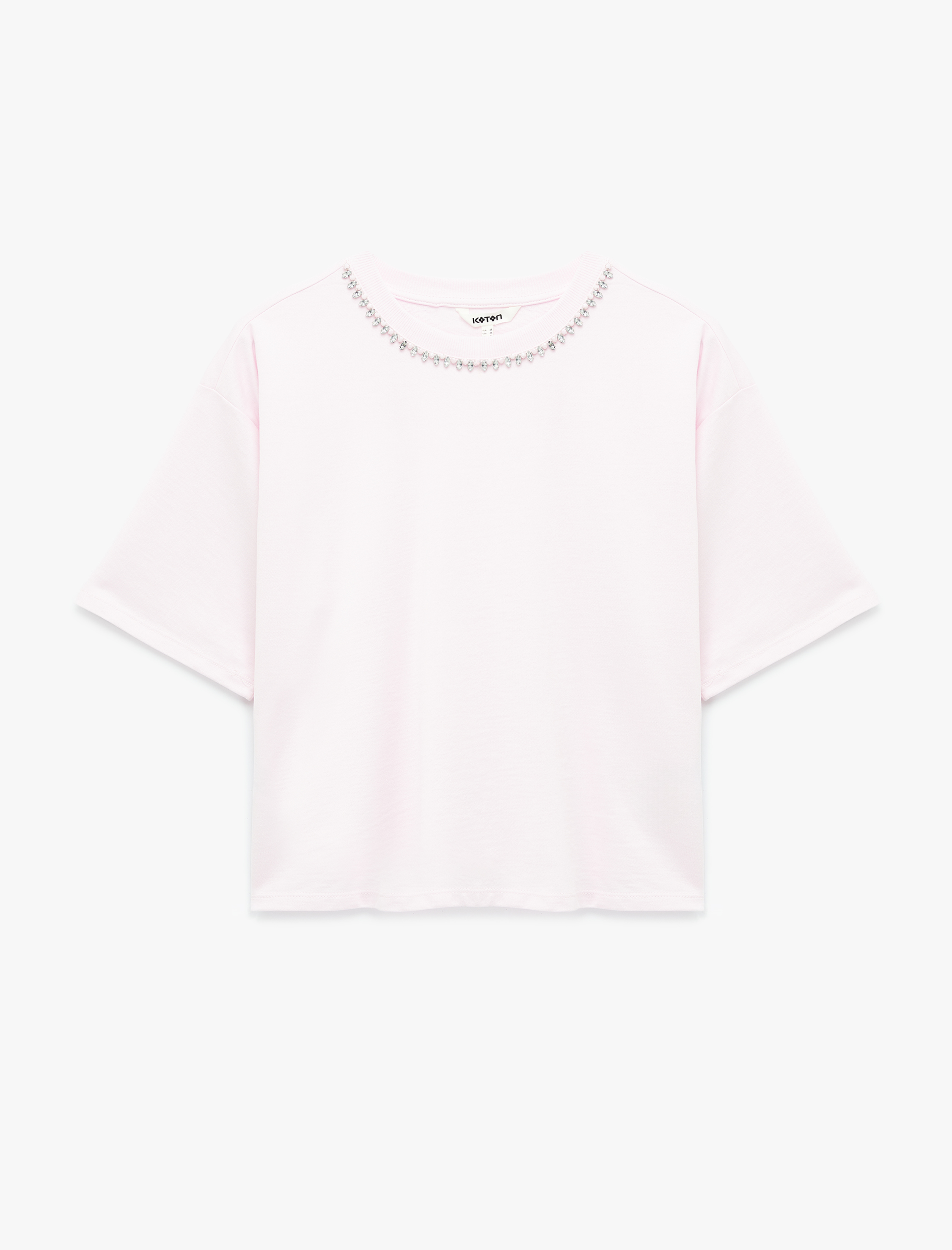   Pamuklu Kısa Kollu Bisiklet Yaka Taşlı Tişört