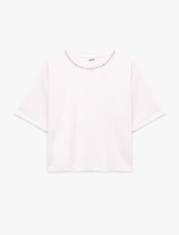 Pamuklu Kısa Kollu Bisiklet Yaka Taşlı Tişört