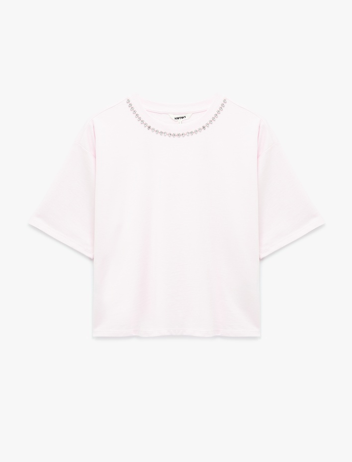  Pamuklu Kısa Kollu Bisiklet Yaka Taşlı Tişört